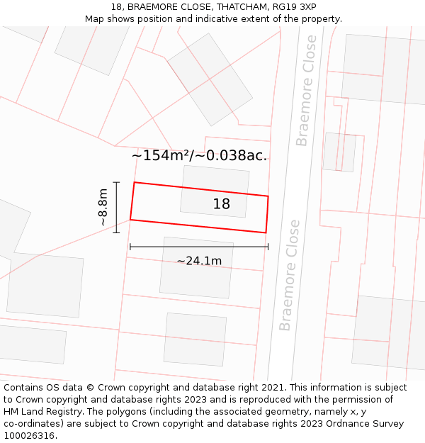18, BRAEMORE CLOSE, THATCHAM, RG19 3XP: Plot and title map
