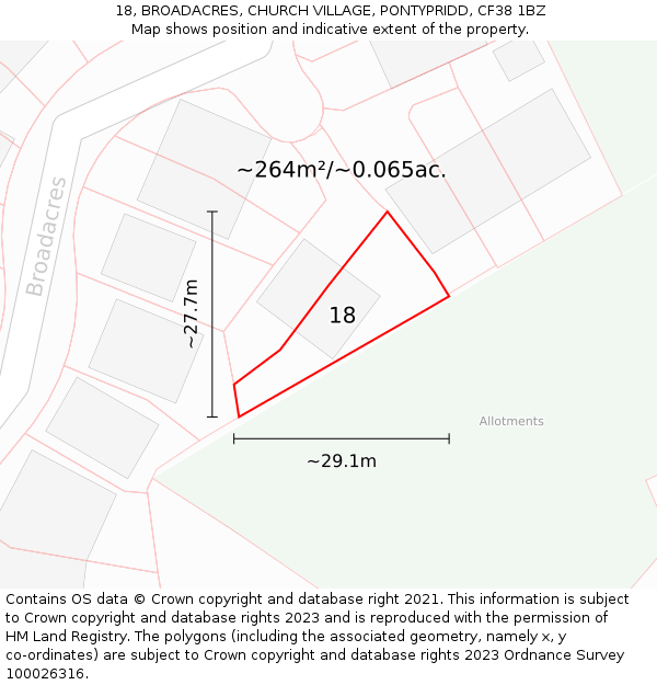 18, BROADACRES, CHURCH VILLAGE, PONTYPRIDD, CF38 1BZ: Plot and title map