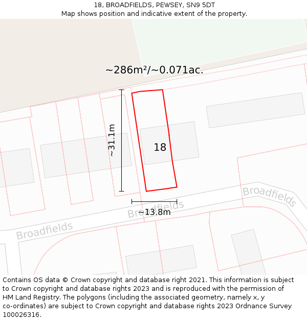 18, BROADFIELDS, PEWSEY, SN9 5DT: Plot and title map