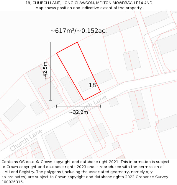 18, CHURCH LANE, LONG CLAWSON, MELTON MOWBRAY, LE14 4ND: Plot and title map