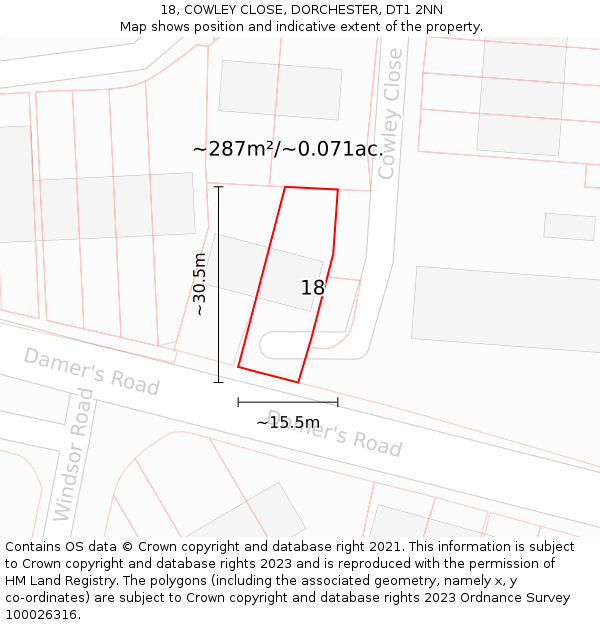 18, COWLEY CLOSE, DORCHESTER, DT1 2NN: Plot and title map