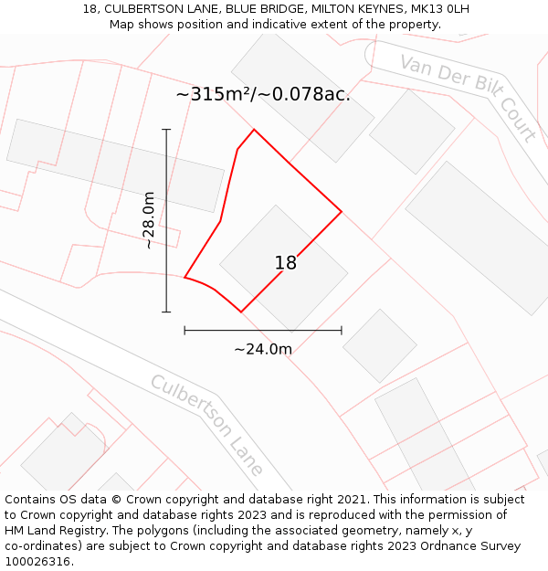 18, CULBERTSON LANE, BLUE BRIDGE, MILTON KEYNES, MK13 0LH: Plot and title map