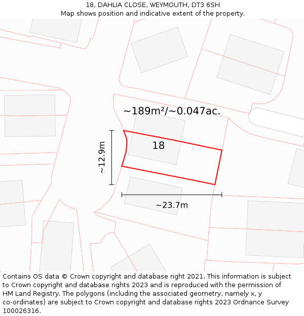 18, DAHLIA CLOSE, WEYMOUTH, DT3 6SH: Plot and title map