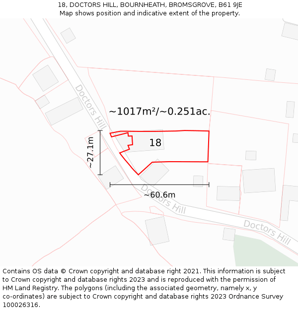 18, DOCTORS HILL, BOURNHEATH, BROMSGROVE, B61 9JE: Plot and title map