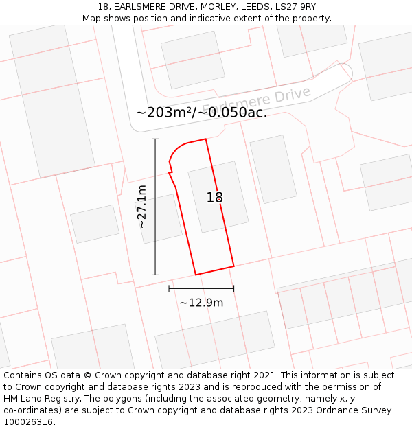 18, EARLSMERE DRIVE, MORLEY, LEEDS, LS27 9RY: Plot and title map