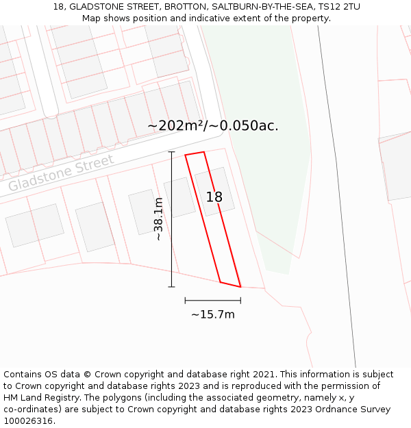 18, GLADSTONE STREET, BROTTON, SALTBURN-BY-THE-SEA, TS12 2TU: Plot and title map