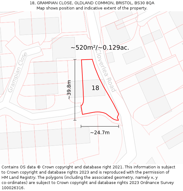 18, GRAMPIAN CLOSE, OLDLAND COMMON, BRISTOL, BS30 8QA: Plot and title map