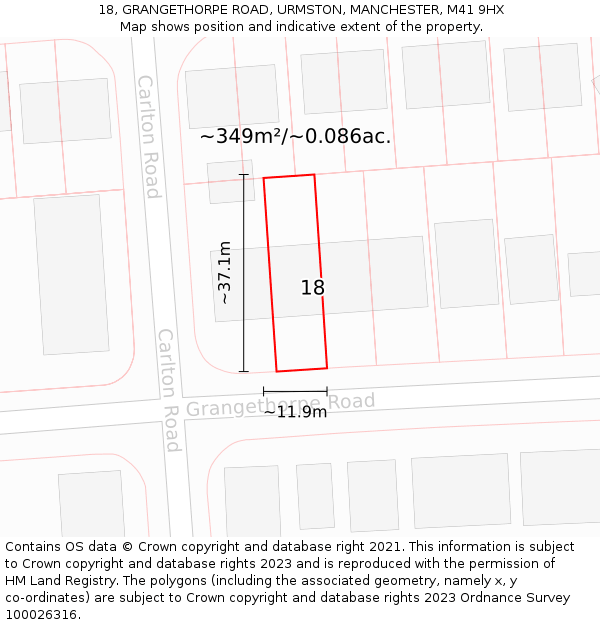 18, GRANGETHORPE ROAD, URMSTON, MANCHESTER, M41 9HX: Plot and title map