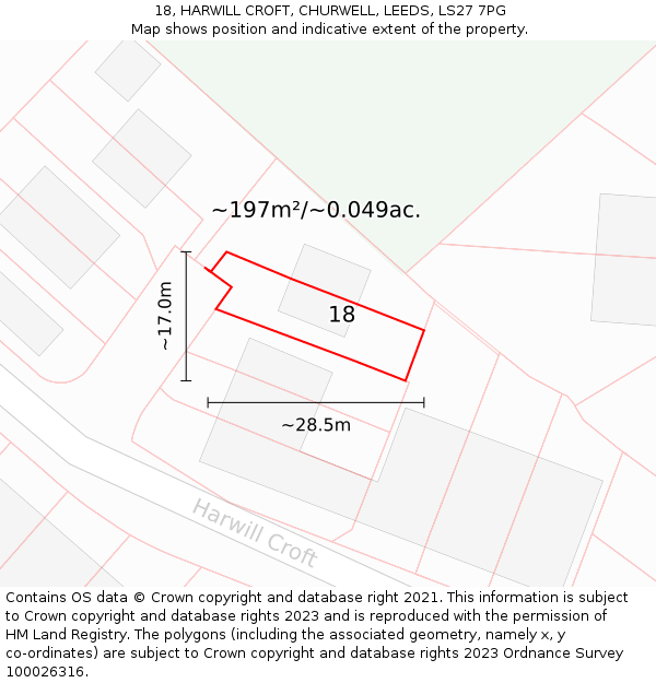 18, HARWILL CROFT, CHURWELL, LEEDS, LS27 7PG: Plot and title map