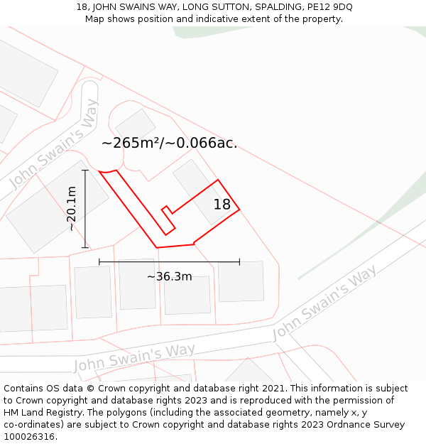 18, JOHN SWAINS WAY, LONG SUTTON, SPALDING, PE12 9DQ: Plot and title map