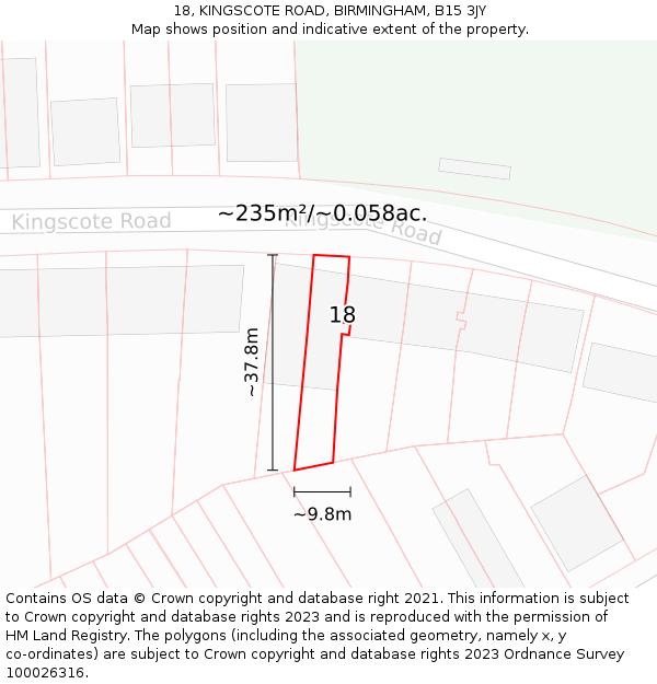 18, KINGSCOTE ROAD, BIRMINGHAM, B15 3JY: Plot and title map