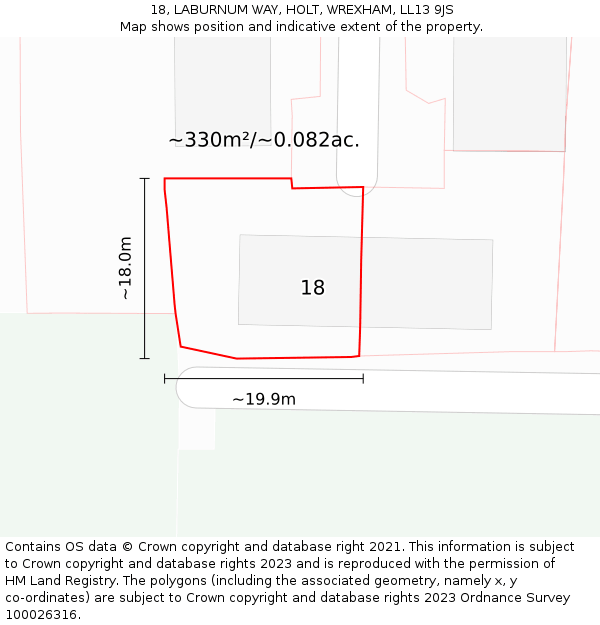 18, LABURNUM WAY, HOLT, WREXHAM, LL13 9JS: Plot and title map