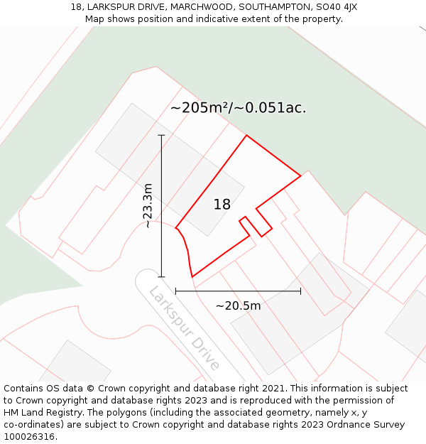 18, LARKSPUR DRIVE, MARCHWOOD, SOUTHAMPTON, SO40 4JX: Plot and title map