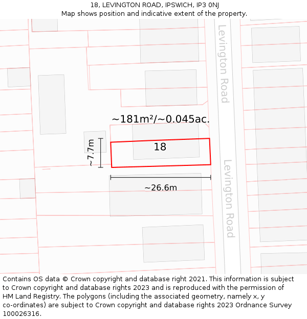 18, LEVINGTON ROAD, IPSWICH, IP3 0NJ: Plot and title map