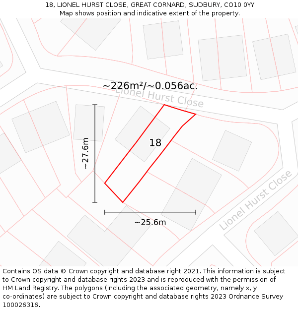 18, LIONEL HURST CLOSE, GREAT CORNARD, SUDBURY, CO10 0YY: Plot and title map