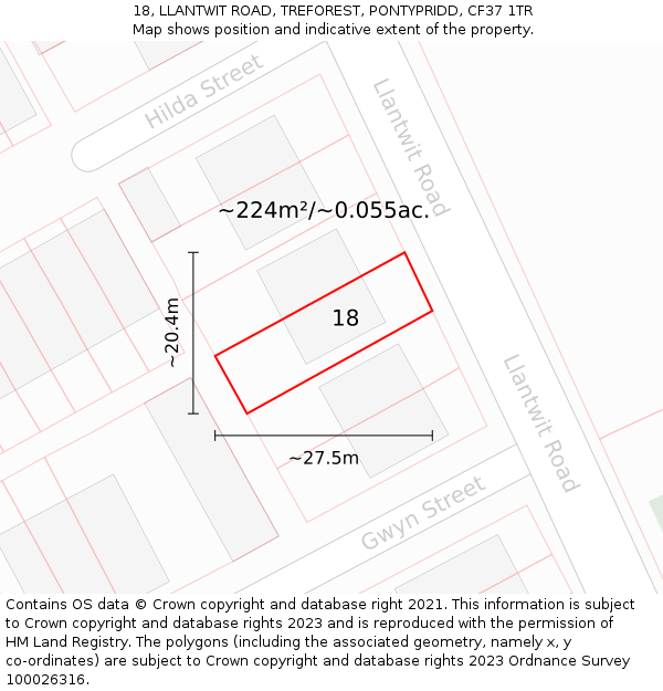 18, LLANTWIT ROAD, TREFOREST, PONTYPRIDD, CF37 1TR: Plot and title map