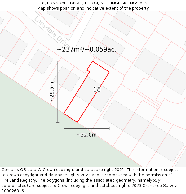 18, LONSDALE DRIVE, TOTON, NOTTINGHAM, NG9 6LS: Plot and title map