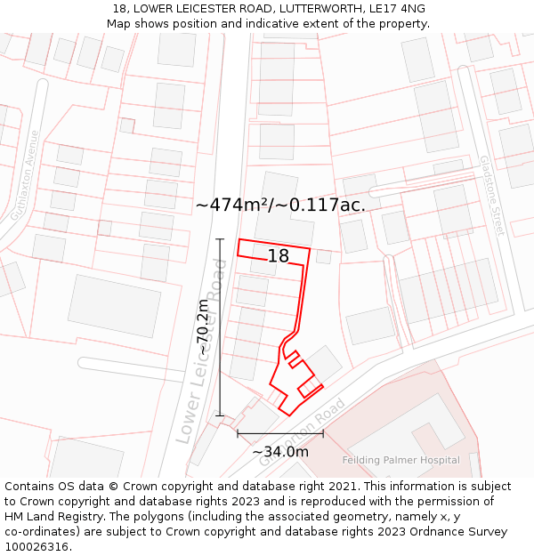 18, LOWER LEICESTER ROAD, LUTTERWORTH, LE17 4NG: Plot and title map