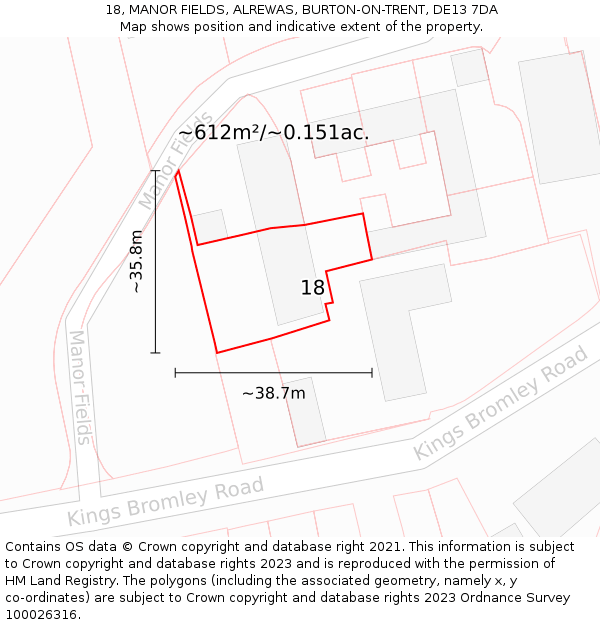 18, MANOR FIELDS, ALREWAS, BURTON-ON-TRENT, DE13 7DA: Plot and title map