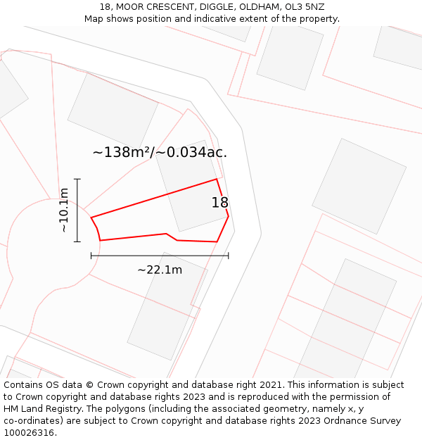 18, MOOR CRESCENT, DIGGLE, OLDHAM, OL3 5NZ: Plot and title map