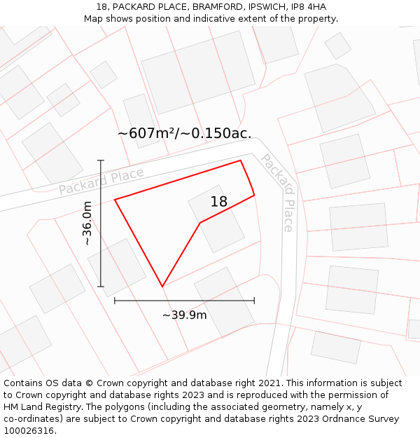 18, PACKARD PLACE, BRAMFORD, IPSWICH, IP8 4HA: Plot and title map