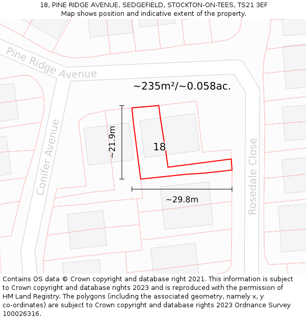 18, PINE RIDGE AVENUE, SEDGEFIELD, STOCKTON-ON-TEES, TS21 3EF: Plot and title map