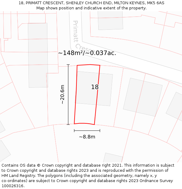 18, PRIMATT CRESCENT, SHENLEY CHURCH END, MILTON KEYNES, MK5 6AS: Plot and title map