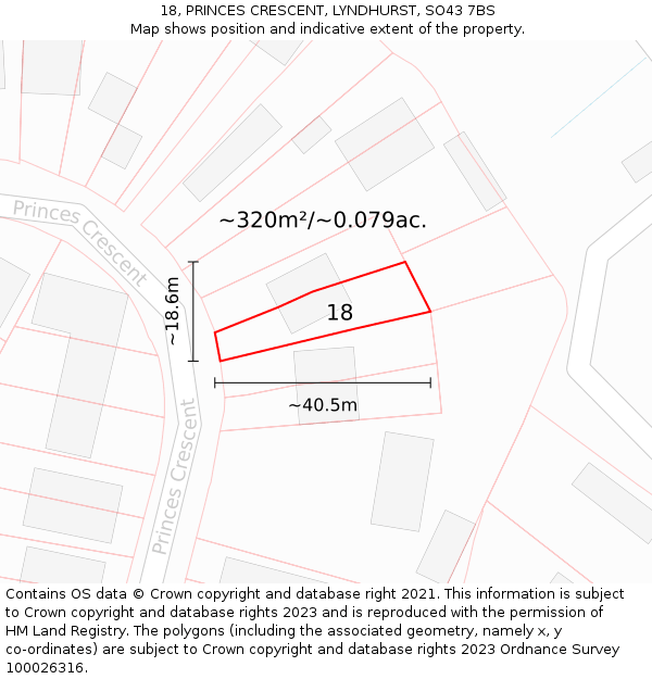 18, PRINCES CRESCENT, LYNDHURST, SO43 7BS: Plot and title map