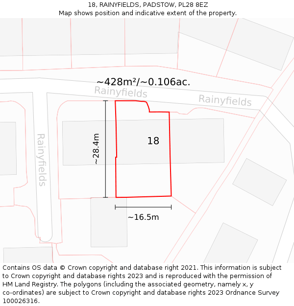 18, RAINYFIELDS, PADSTOW, PL28 8EZ: Plot and title map