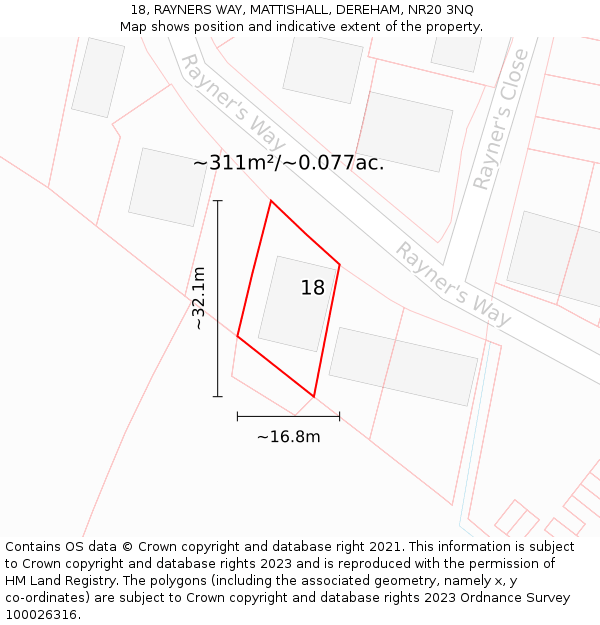 18, RAYNERS WAY, MATTISHALL, DEREHAM, NR20 3NQ: Plot and title map