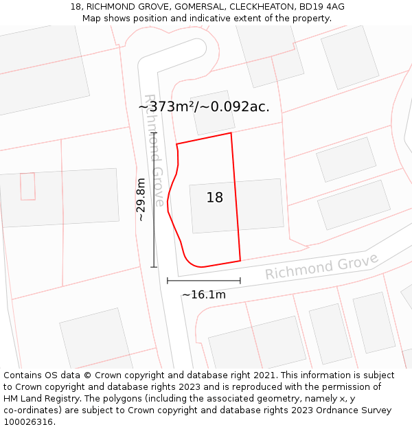 18, RICHMOND GROVE, GOMERSAL, CLECKHEATON, BD19 4AG: Plot and title map