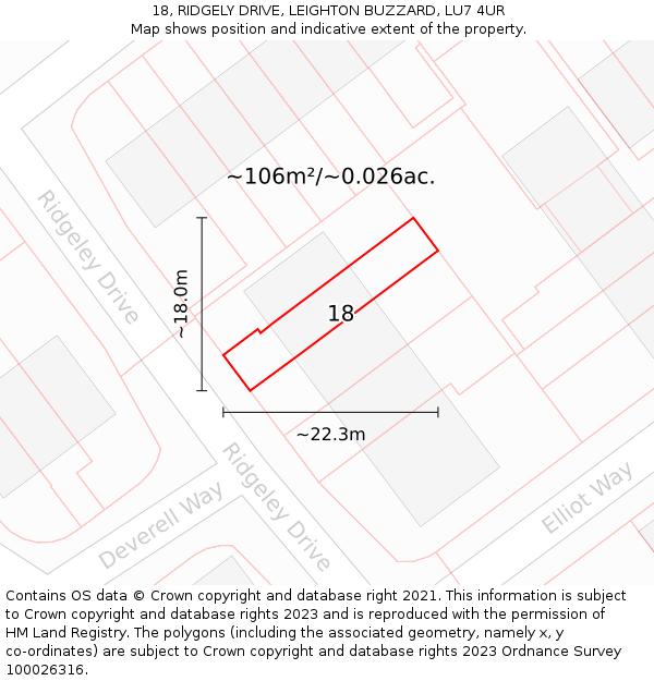 18, RIDGELY DRIVE, LEIGHTON BUZZARD, LU7 4UR: Plot and title map