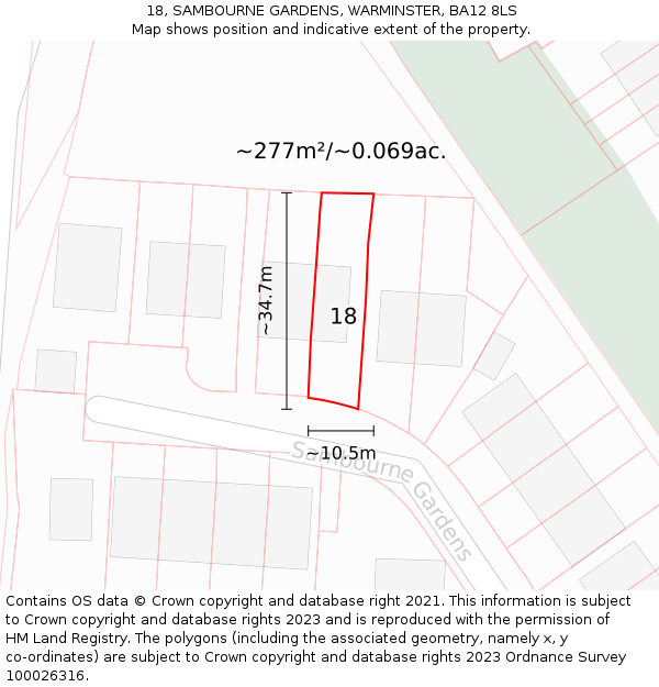 18, SAMBOURNE GARDENS, WARMINSTER, BA12 8LS: Plot and title map