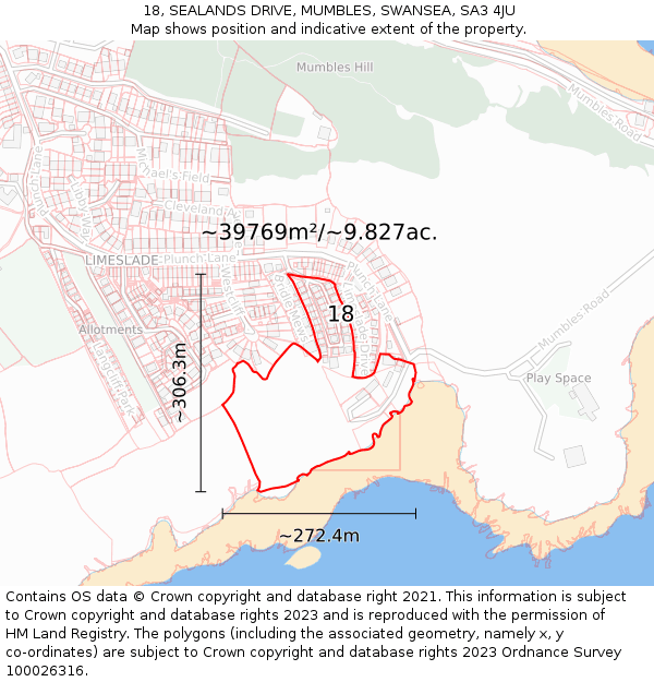 18, SEALANDS DRIVE, MUMBLES, SWANSEA, SA3 4JU: Plot and title map