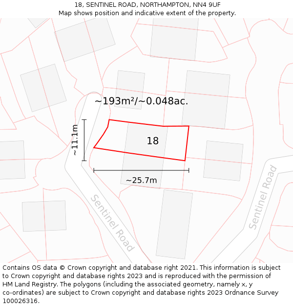 18, SENTINEL ROAD, NORTHAMPTON, NN4 9UF: Plot and title map