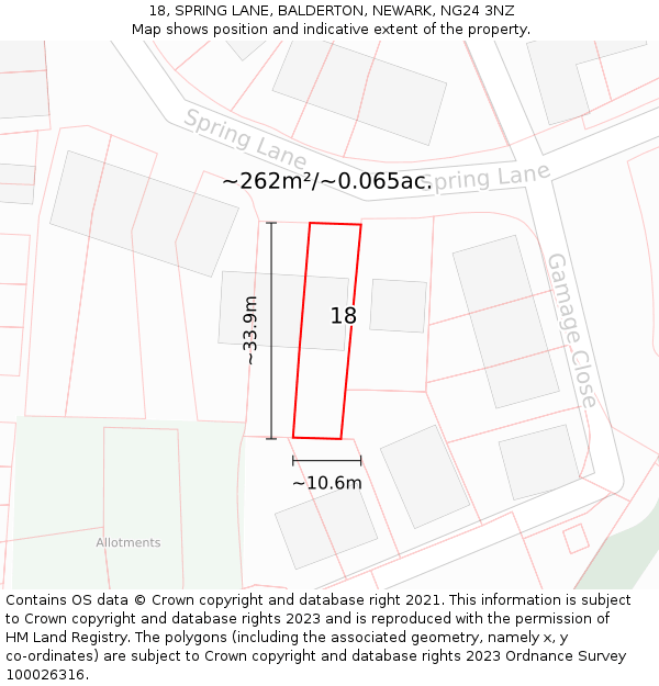 18, SPRING LANE, BALDERTON, NEWARK, NG24 3NZ: Plot and title map