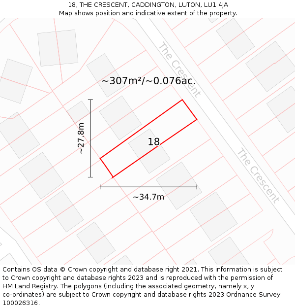 18, THE CRESCENT, CADDINGTON, LUTON, LU1 4JA: Plot and title map