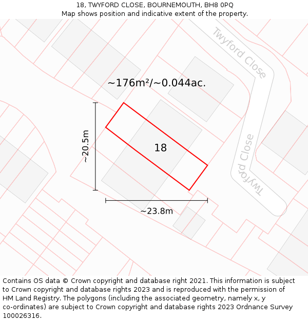 18, TWYFORD CLOSE, BOURNEMOUTH, BH8 0PQ: Plot and title map