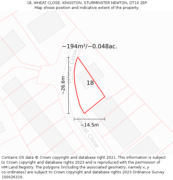 18, WHEAT CLOSE, KINGSTON, STURMINSTER NEWTON, DT10 2EP: Plot and title map
