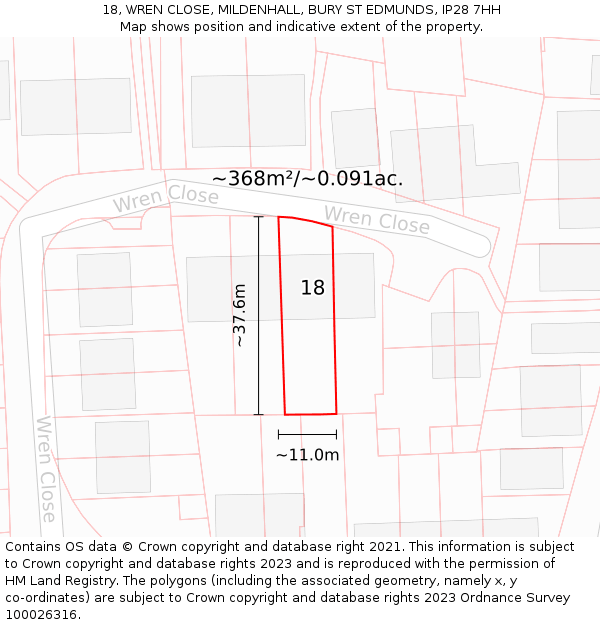 18, WREN CLOSE, MILDENHALL, BURY ST EDMUNDS, IP28 7HH: Plot and title map