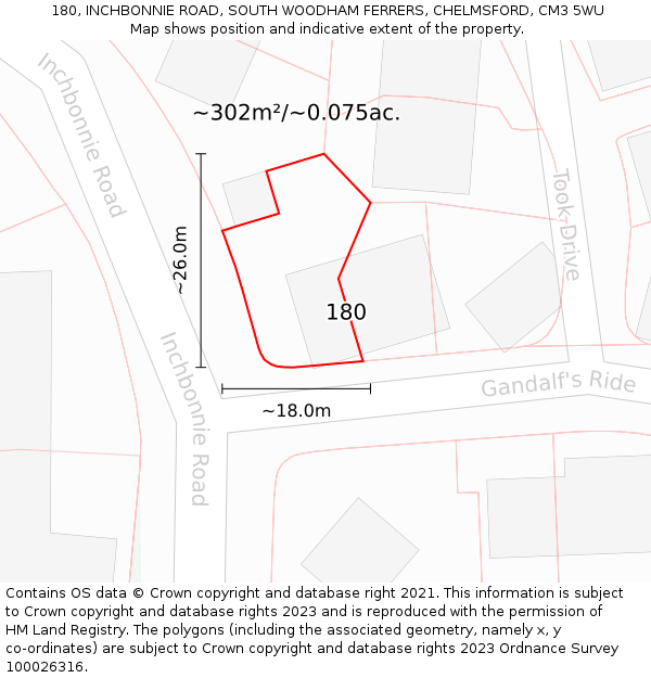 180, INCHBONNIE ROAD, SOUTH WOODHAM FERRERS, CHELMSFORD, CM3 5WU: Plot and title map