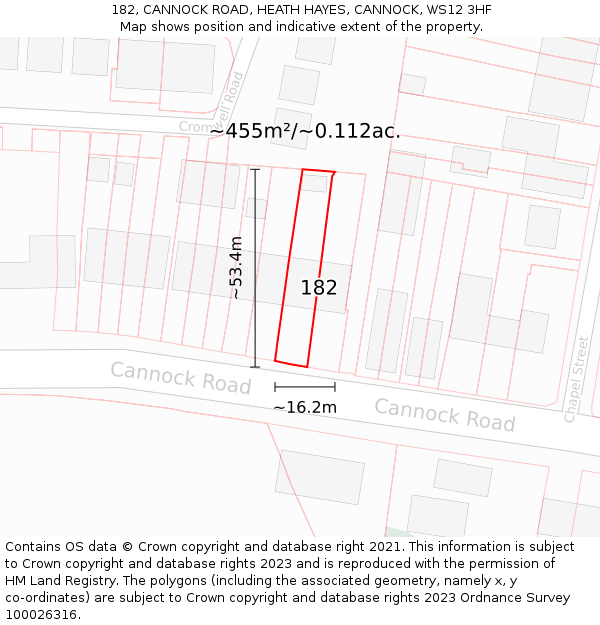 182, CANNOCK ROAD, HEATH HAYES, CANNOCK, WS12 3HF: Plot and title map