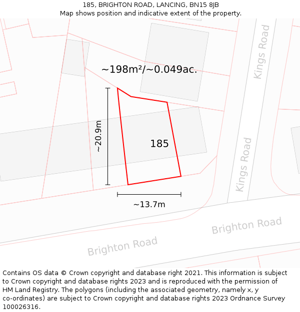 185, BRIGHTON ROAD, LANCING, BN15 8JB: Plot and title map