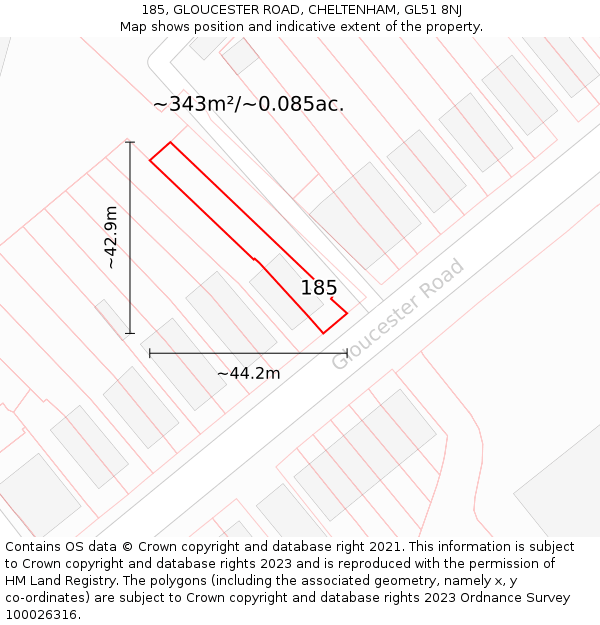 185, GLOUCESTER ROAD, CHELTENHAM, GL51 8NJ: Plot and title map