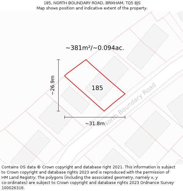 185, NORTH BOUNDARY ROAD, BRIXHAM, TQ5 8JS: Plot and title map