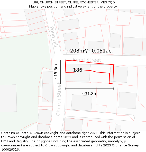 186, CHURCH STREET, CLIFFE, ROCHESTER, ME3 7QD: Plot and title map