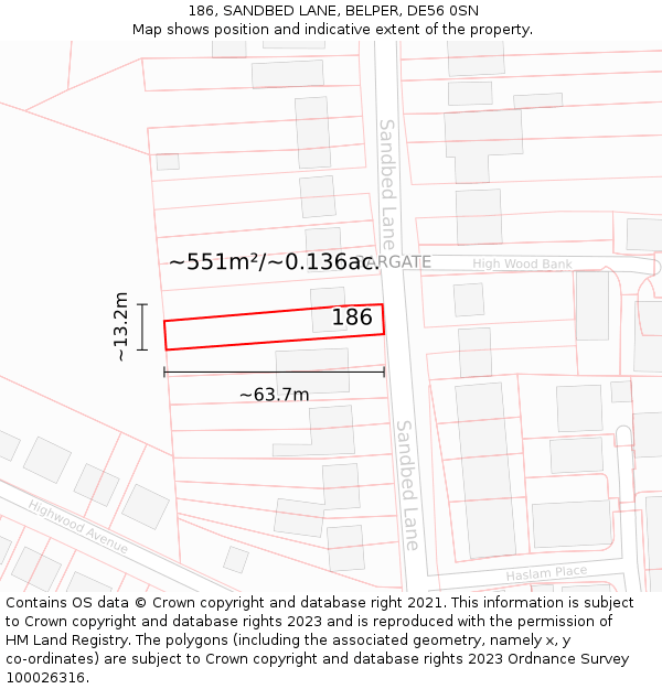 186, SANDBED LANE, BELPER, DE56 0SN: Plot and title map