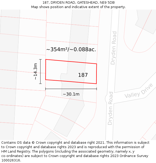 187, DRYDEN ROAD, GATESHEAD, NE9 5DB: Plot and title map
