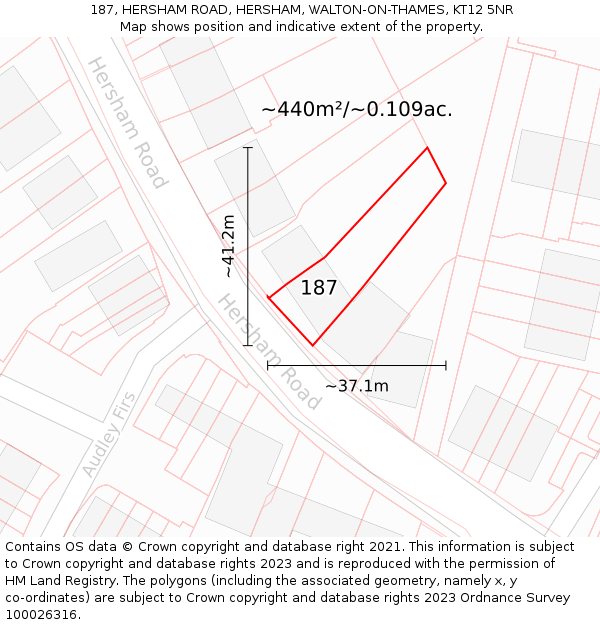 187, HERSHAM ROAD, HERSHAM, WALTON-ON-THAMES, KT12 5NR: Plot and title map