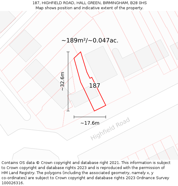 187, HIGHFIELD ROAD, HALL GREEN, BIRMINGHAM, B28 0HS: Plot and title map